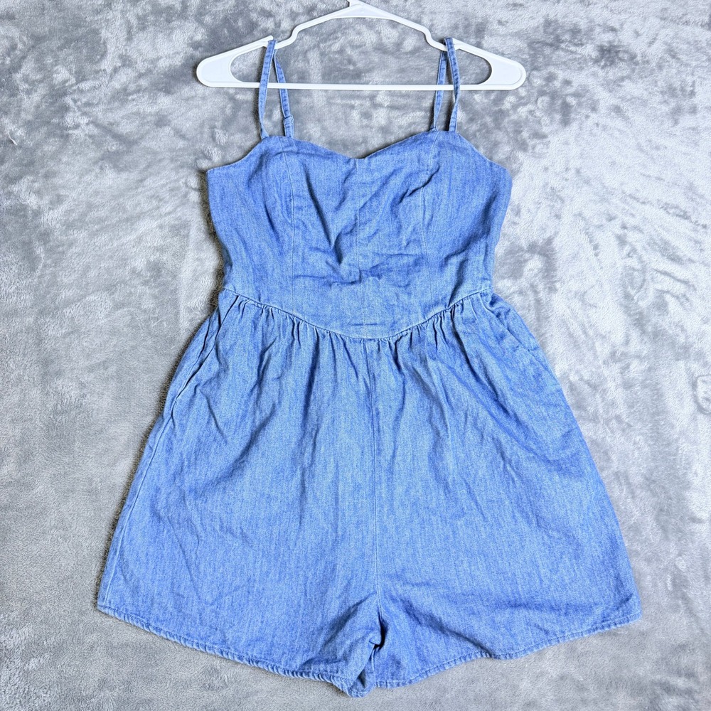 Old Navy Blue Denim Shorts Romper SZ Small Straps Smocked Back Sweetheart Neck